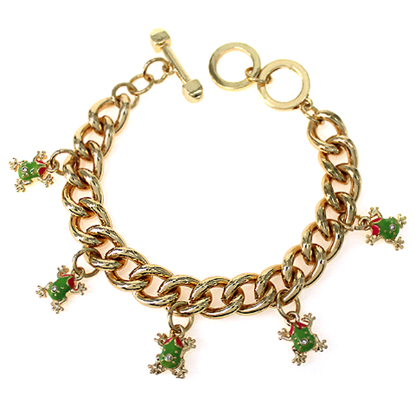 CRYSTAL AND EPOXY CENTER MULTI FROG CHARM TOGGLE BRACELET