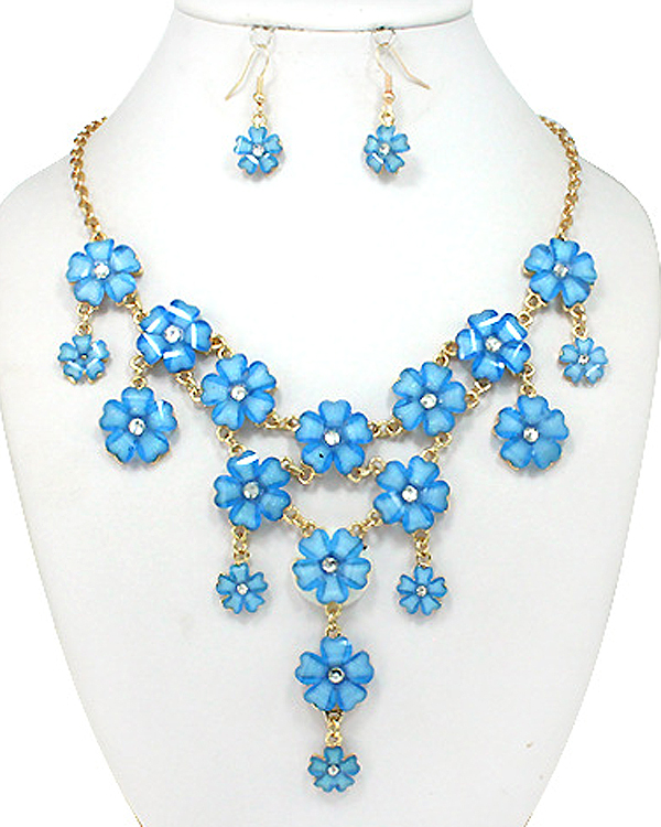 Crystal center and glass petal multi flower link bib style statement necklace earring set