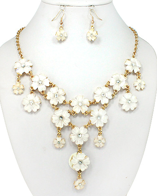 Crystal center and glass petal multi flower link bib style statement necklace earring set