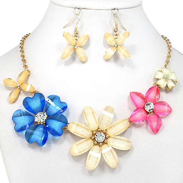 Crystal center and glass petal multi flower link statement necklace earring set