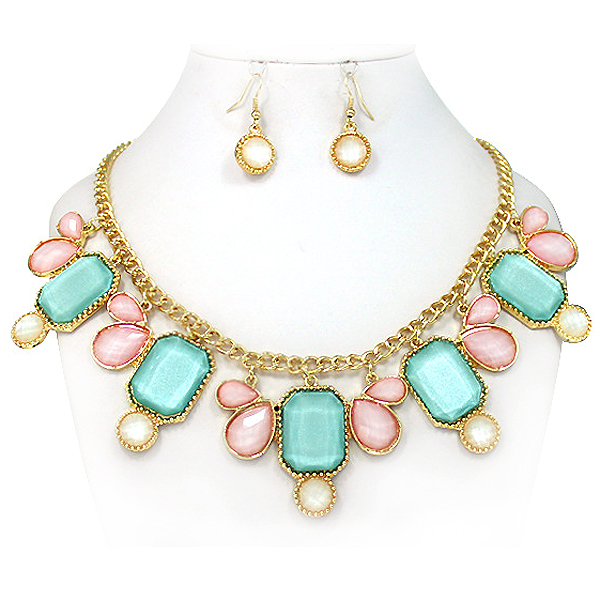 Multi shape acrylic stone mix drop chain necklace earring set