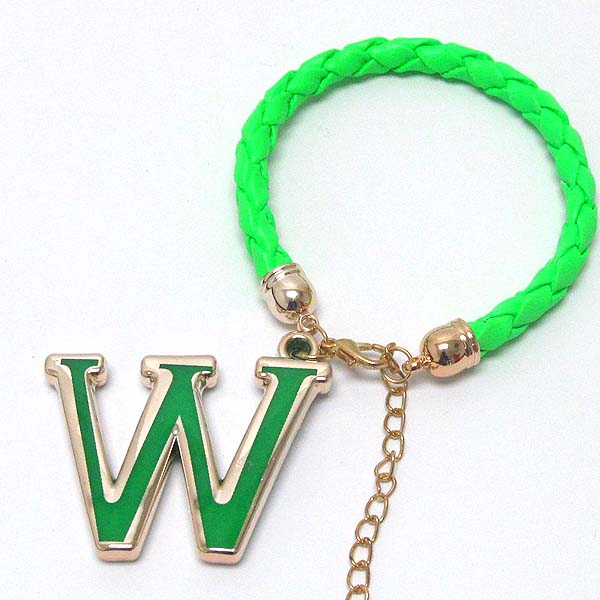 Initial charm and leatherette band bracelet - w