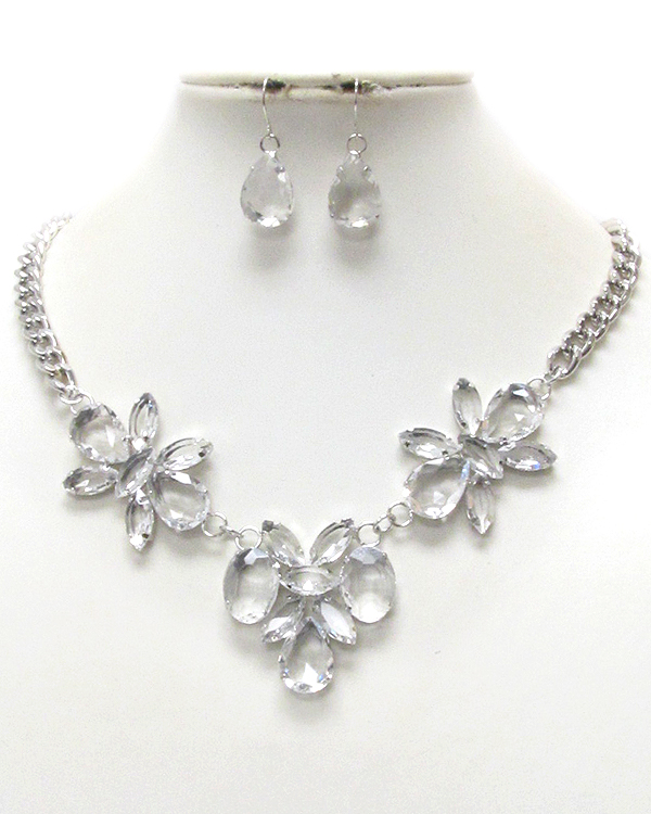 Facet glass triple flower chain necklace earring set