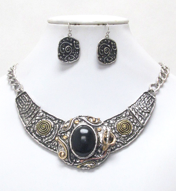 Genuine stone deco tribal style metal half chocker necklace earring set