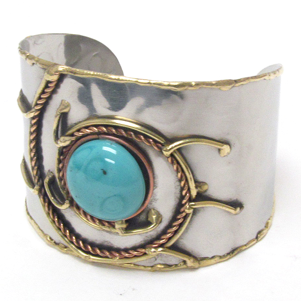 Handmade turquoise center metal art bangle bracelet - 100% brass