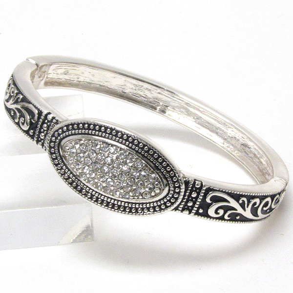 Crystal stud oval and textured metal casting stretch bangle bracelet