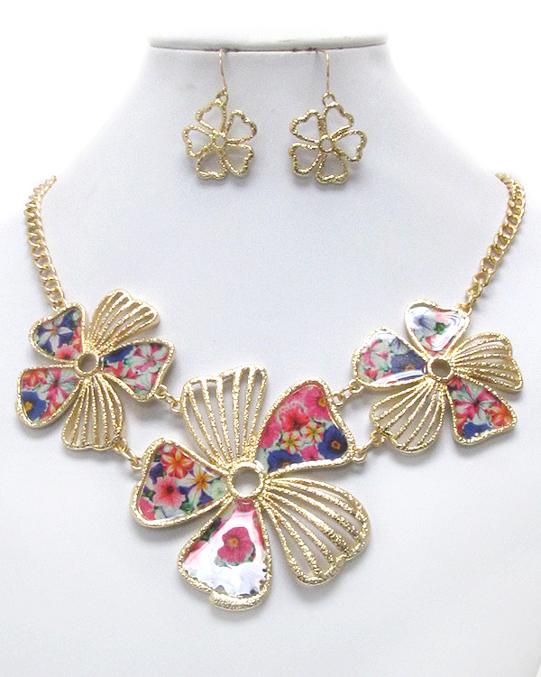 Flower pattern triple casting flower link necklace earring set