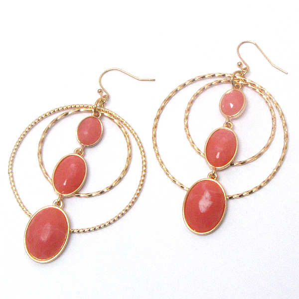 Triple oval stone drop and double metal hoop earring