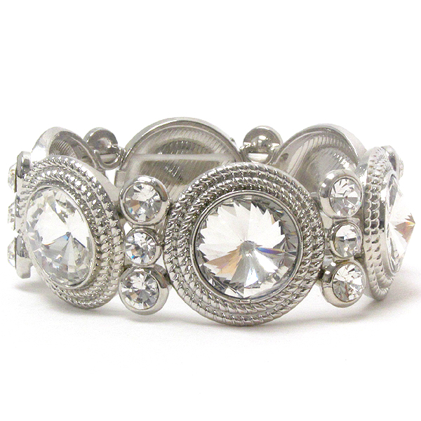 Facet glass on textured disk and crystal link stretch bracelet