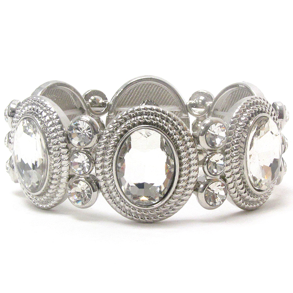 Facet glass on textured oval and crystal link stretch bracelet