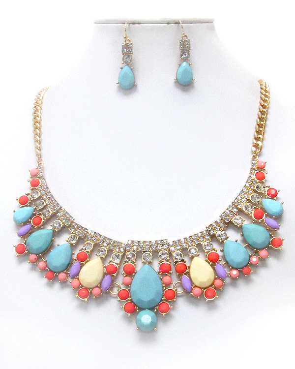 Crystal and teardrop acrylic stone mix drop necklace earring set