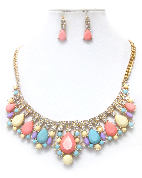 Crystal and teardrop acrylic stone mix drop necklace earring set
