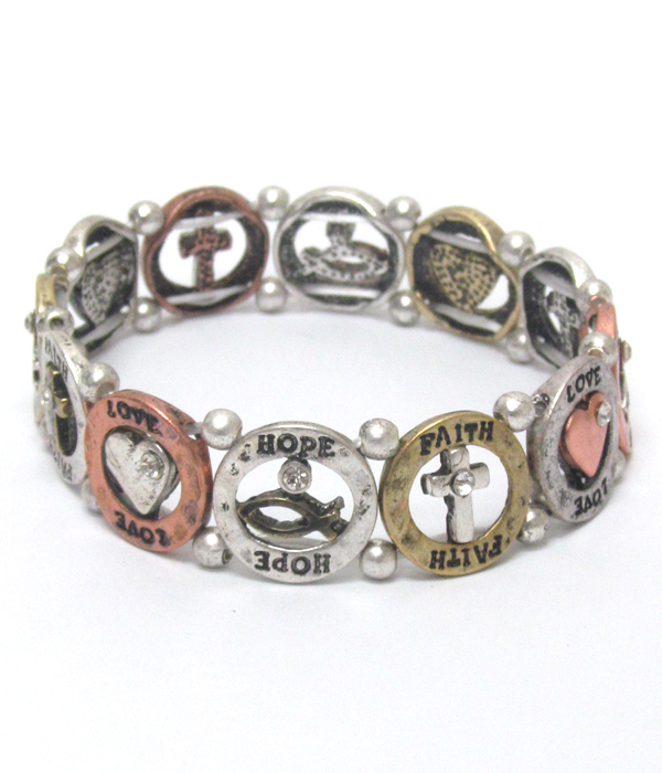 Religious theme disk stretch bracelet - love faith hope