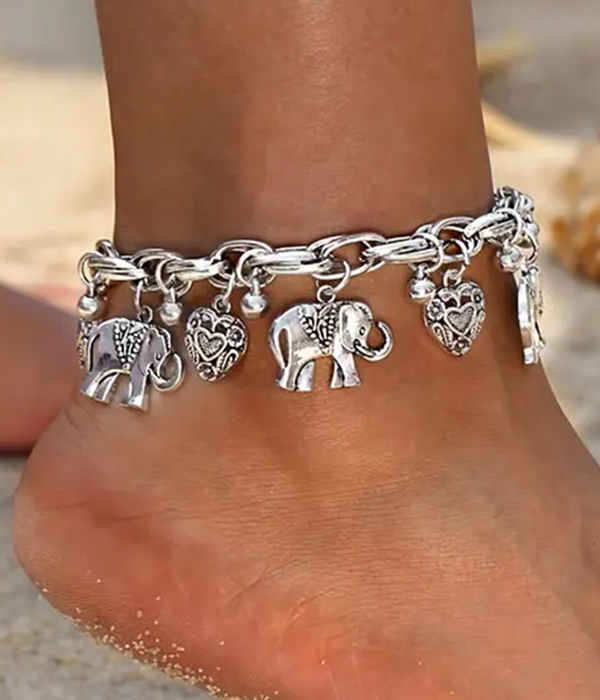 Elephant and heart charm anklet