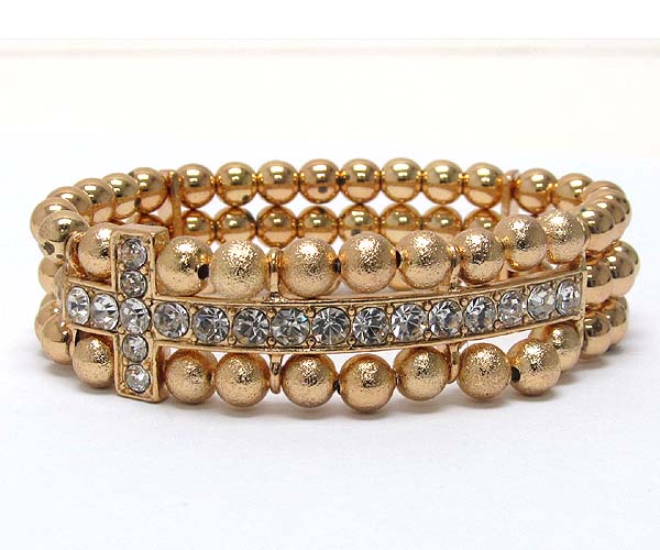Crystal metal cross on center with multi sandy and plane metal balls on stretch barcelet