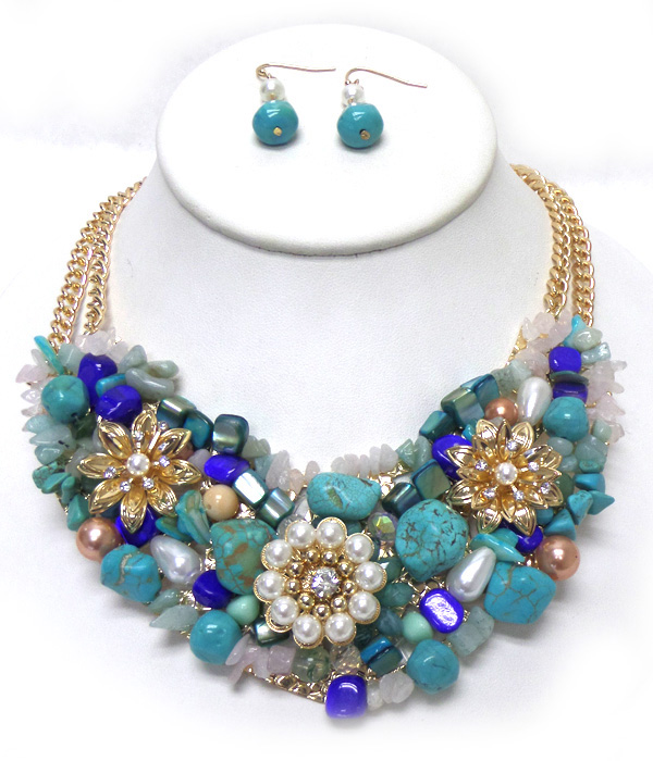 Multi turquoise stone mix vintage floral necklace set