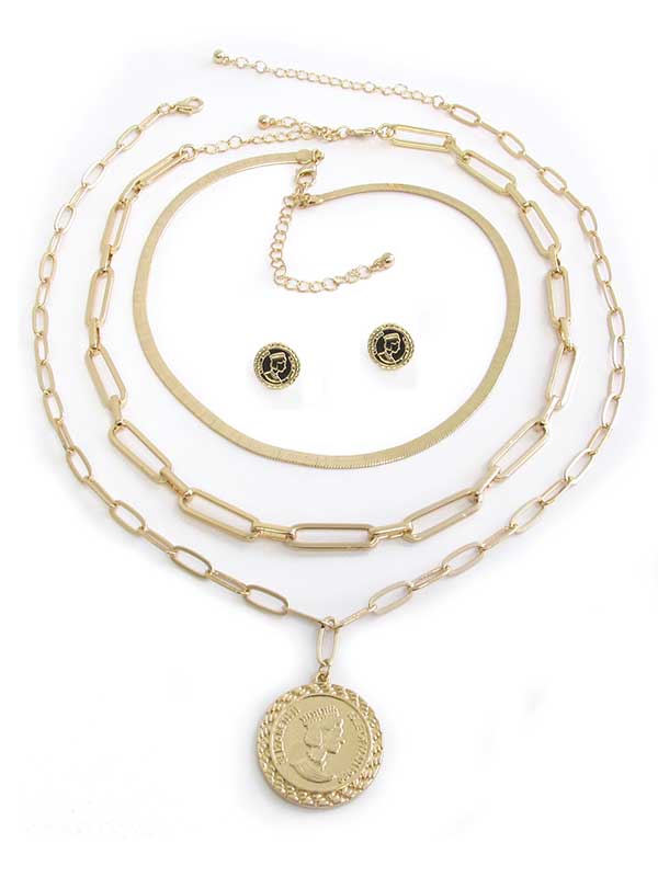 COIN PENDANT TRIPLE CHAIN NECKLACE SET