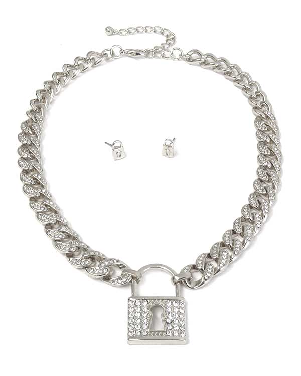 CRYSTAL LOCK PENDANT AND CHUNKY CUBAN CHAIN NECKLACE SET