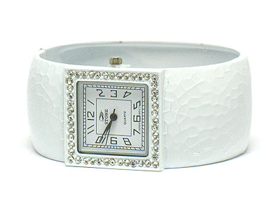 Crystal and hammered metal bangle fashion watch