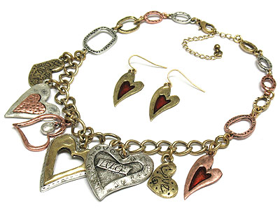 Tri-tone metal love theme hearts dangle necklace and earring set