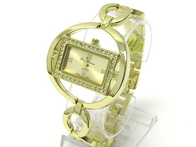 Crystal  frame square face round metal band link watch