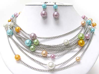Multi strand pearl ball and chain link neckalce set