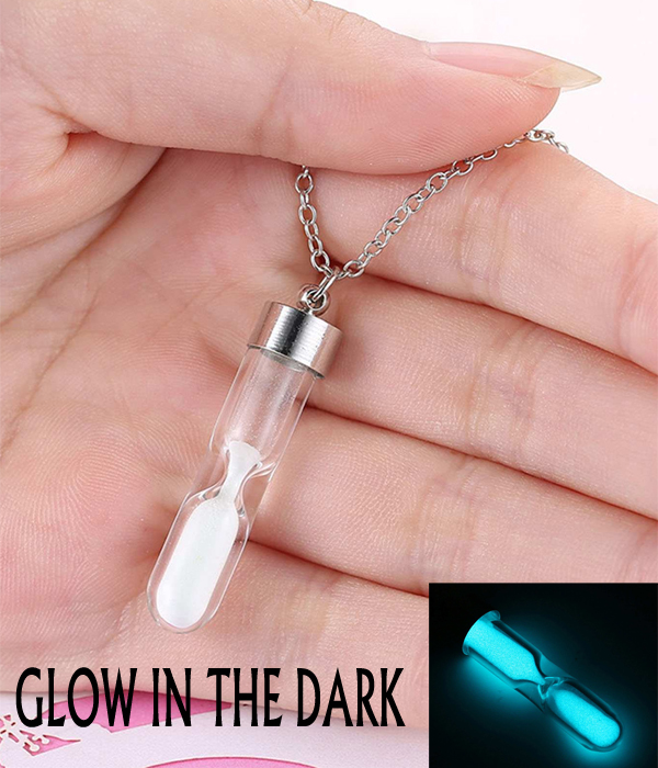 Glow in the dark sand hour glass necklace