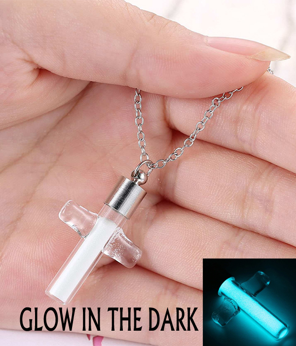 Glow in the dark sand and glass cross necklace