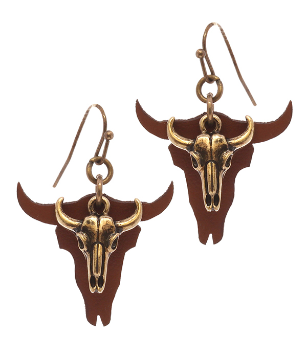 LONG HORN METAL AND LEATHER EARRING