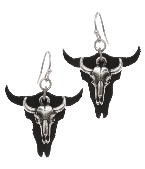 LONG HORN METAL AND LEATHER EARRING