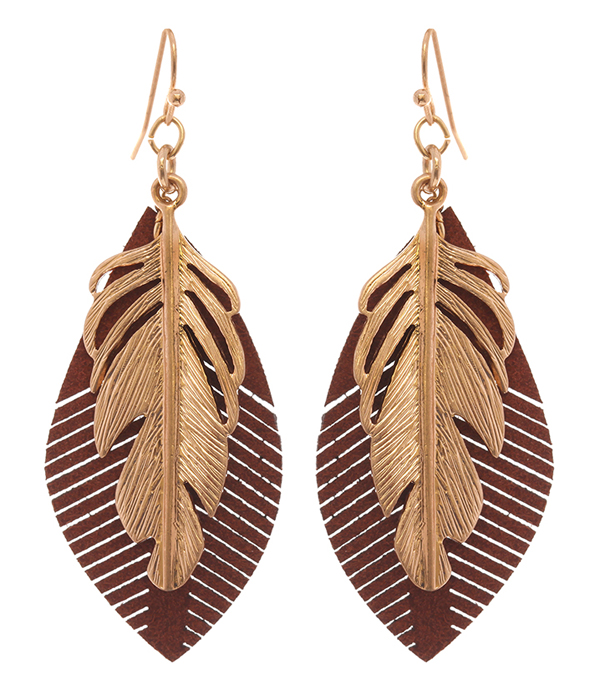 METAL AND LEATHER FEATHER EARRING