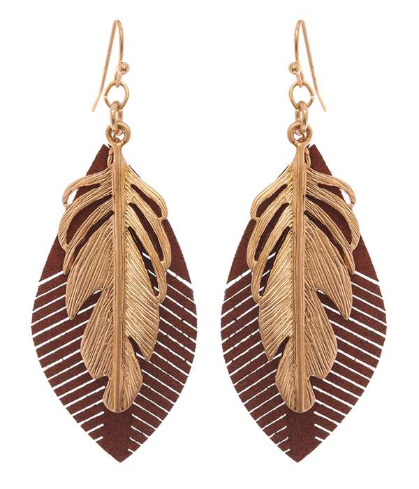 Metal and leather feather earring