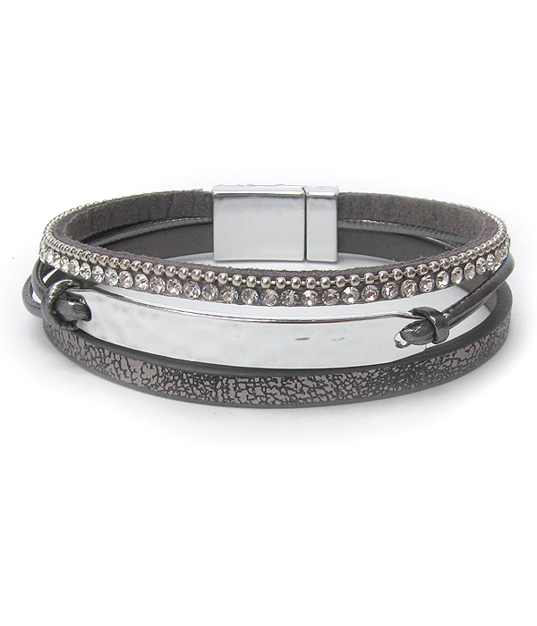 Multi layer leather and glass bead mix magnetic bracelet
