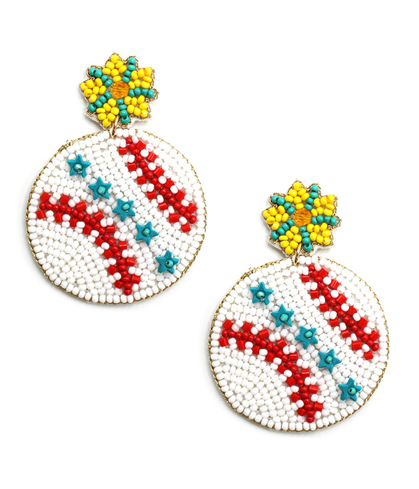 HANDMADE MULTI SEEDBEAD SPORT THEME EARRING - BASEBALL