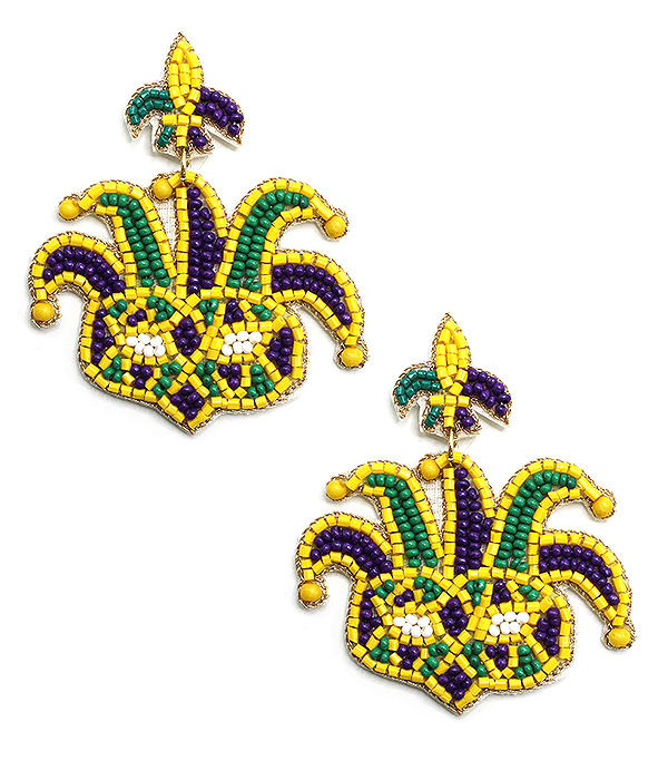 HANDMADE MULTI SEEDBEAD MARDI GRAS THEME EARRING - FACE MASK