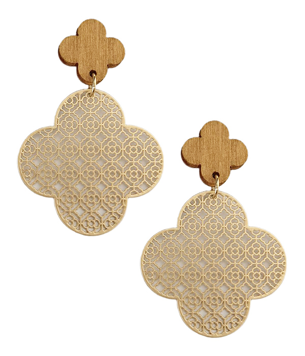 Retro wood and metal filigree flower drop earring