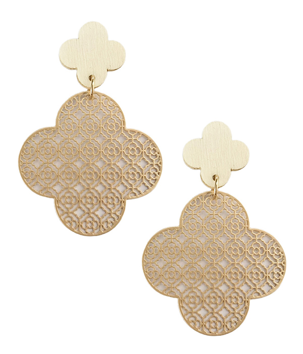Retro wood and metal filigree flower drop earring