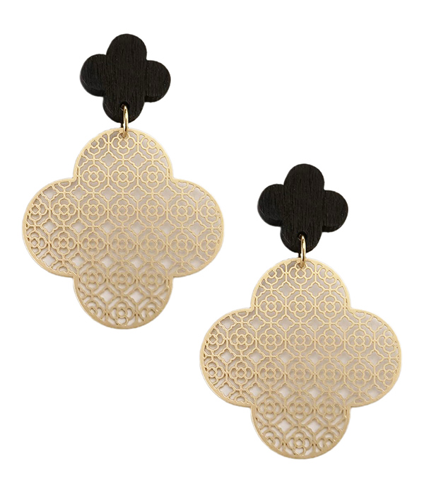 Retro wood and metal filigree flower drop earring