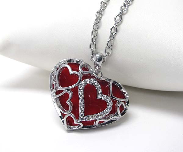 Crystal stud puff heart and red epoxy back necklace -valentine