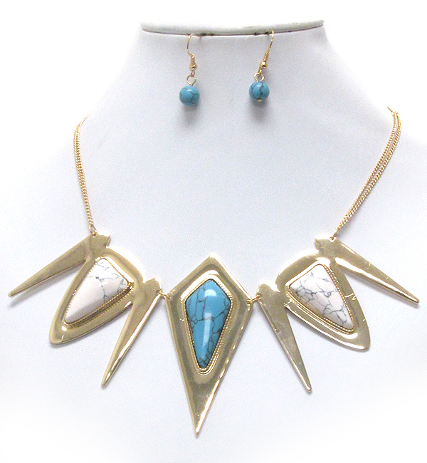 TURQUOISE CENTER SPIKE LINK NAVAJO STYLE NEKCLACE EARRING SET -western