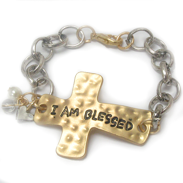 Religious inspiration hammered cross bracelet - i am blessed