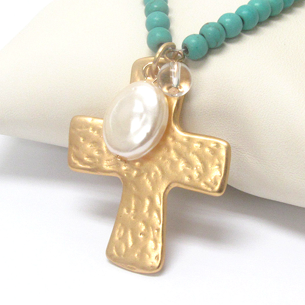 Fresh water pearl and hammered cross and turquoise chain necklace