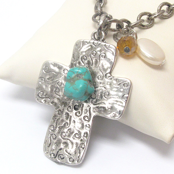 Vintage metal textured cross and fresh water pearl and turquoise accent pendant necklace