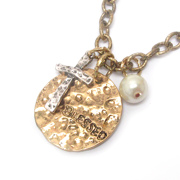 Vintage metal and religious inspiration cross and disk necklace - blessed
