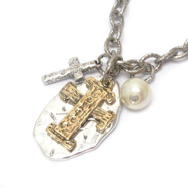 Vintage metal double cross and oval plate necklace