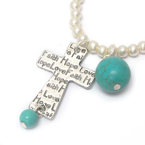 Religious inspiration cross and pearl chain necklace - faith love hope