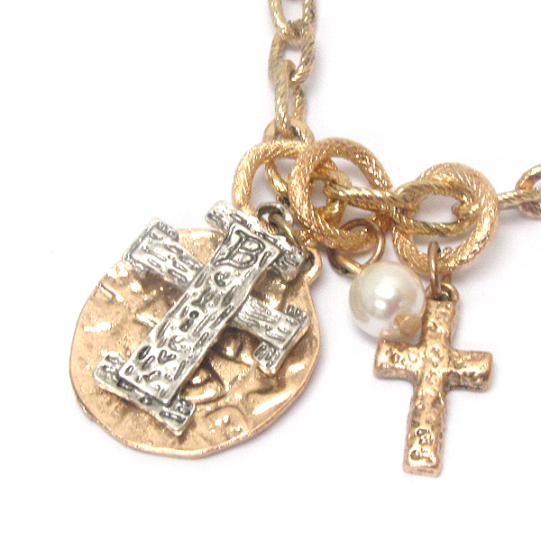 Vintage metal and religious inspiration cross and disk necklace
