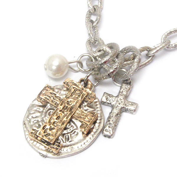 Vintage metal and religious inspiration cross and disk necklace