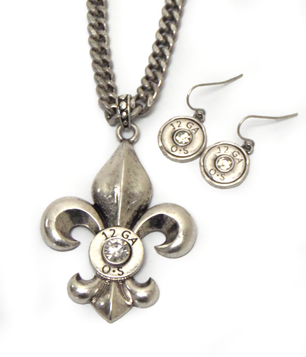 Fleur de lis and center bullet metal necklace set 