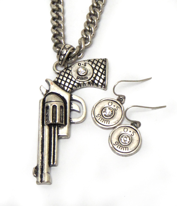 Metal hand gun and center bullet necklace set